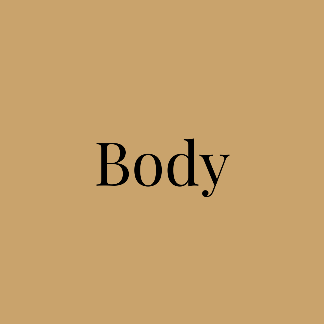 Square graphic with the word Body representing awareness. Focuses on learning to read the body’s signals and respond without stress.