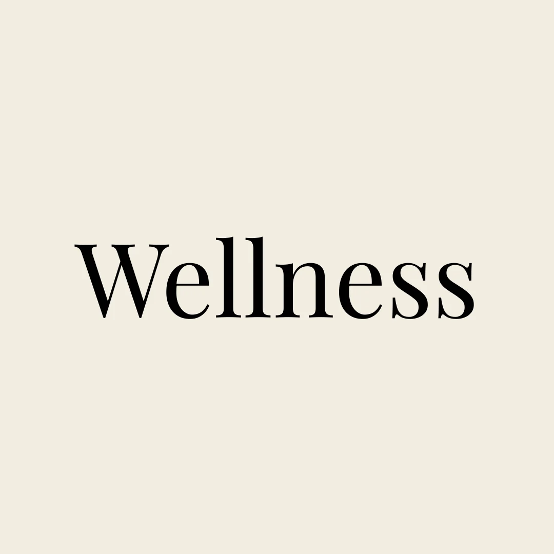 Square graphic with the word Wellness representing holistic health care. Highlights support that includes nutrition, mindset, and sustainable habits.